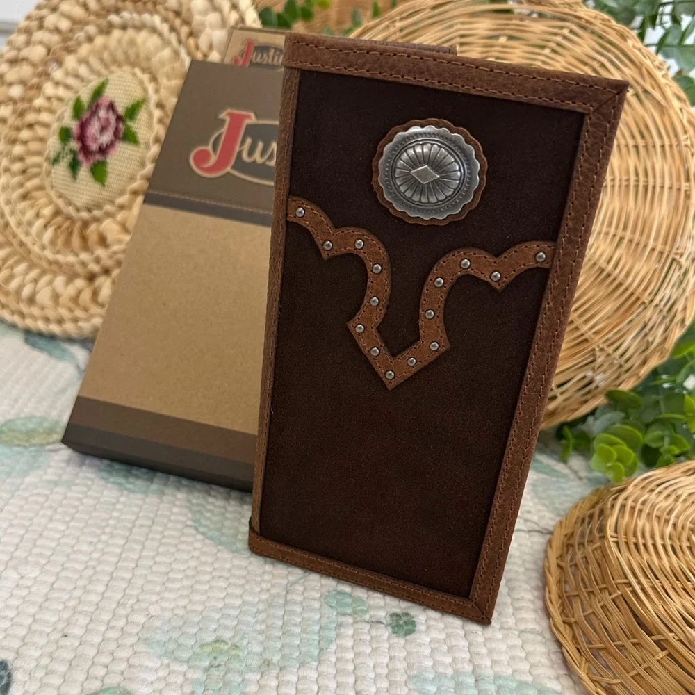 New Justin Men's Rodeo Wallet Brown Suede Genuine Leather RFID Checkbook Western